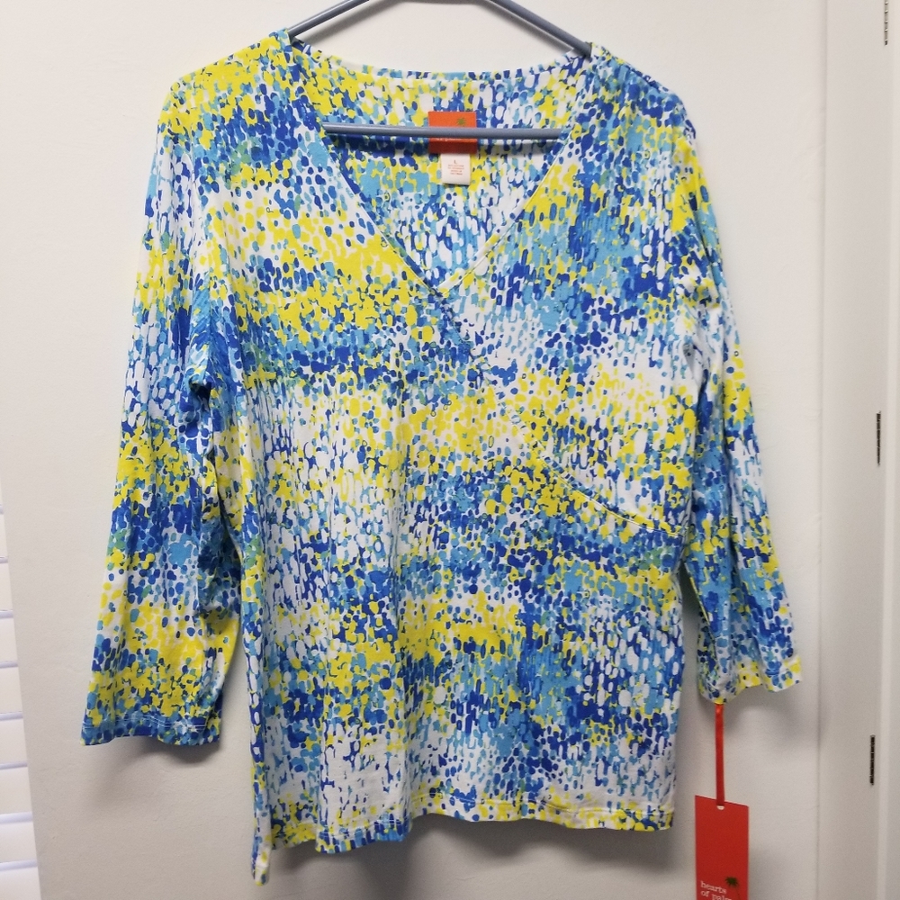 Hearts of Palm 3/4 sleeve tee with criss-cross v-neck, size L, NWT